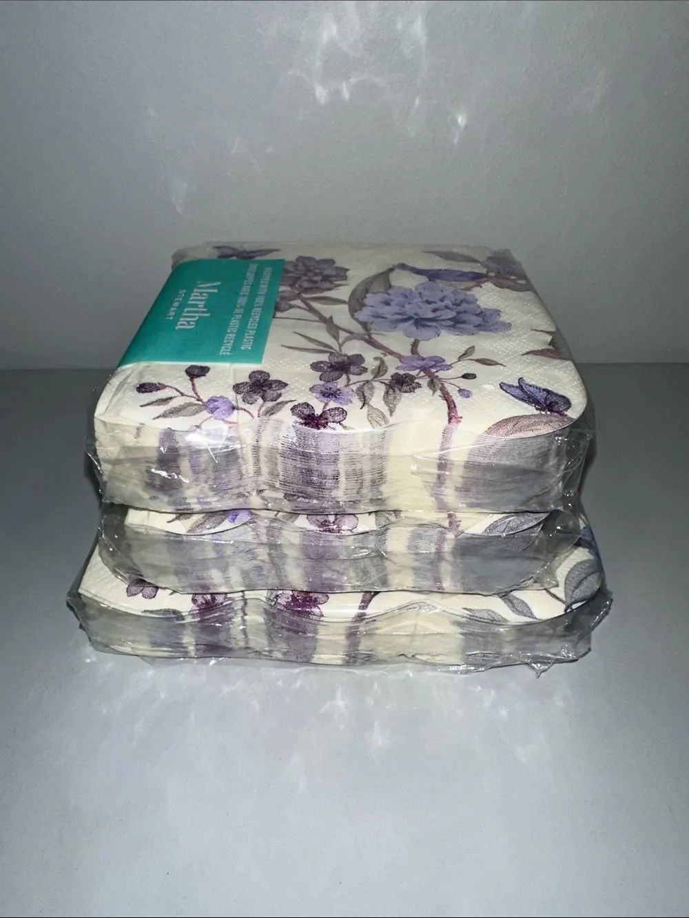Martha Stewart Ivory Purple Floral Matching Square Cocktail Lunch Napkins 40 x 3
